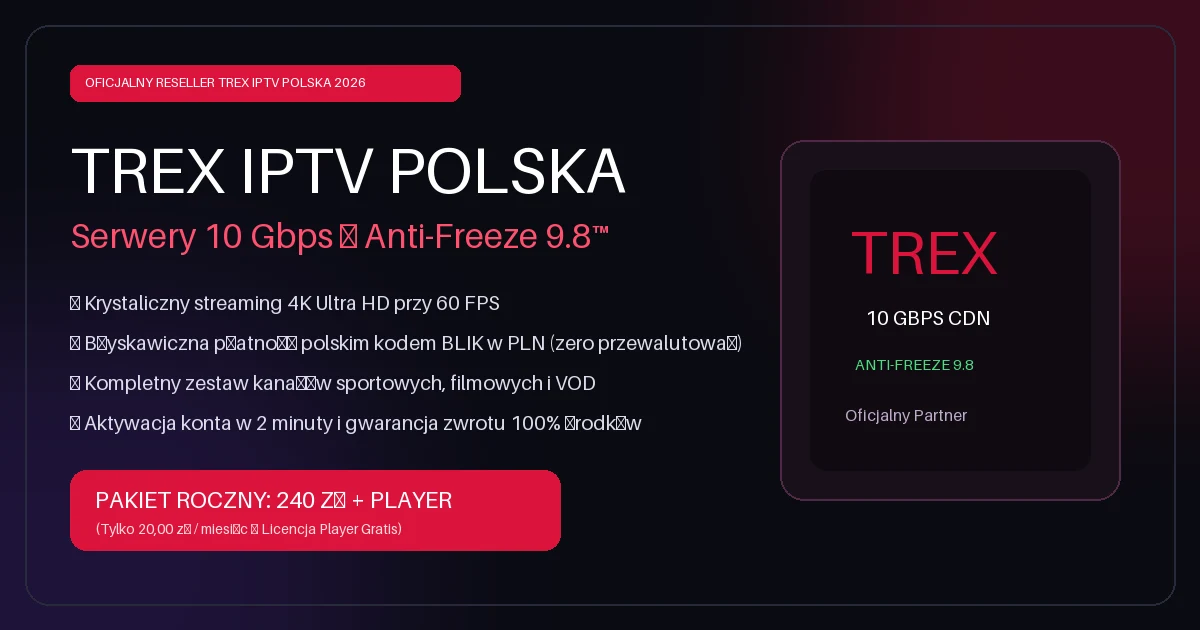 Trex IPTV Polska — Architektura serwerowa 10 Gbps z technologią Anti-Freeze 9.8 i wsparciem 4K Ultra HD